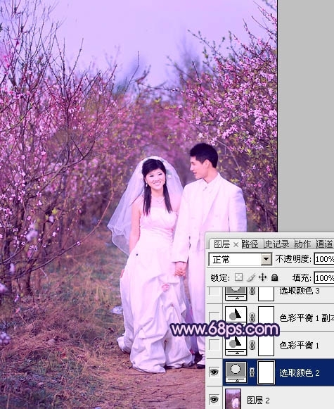 Photoshop调出桃林婚片艳丽的紫红色