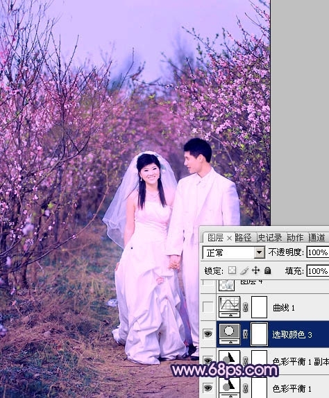 Photoshop调出桃林婚片艳丽的紫红色