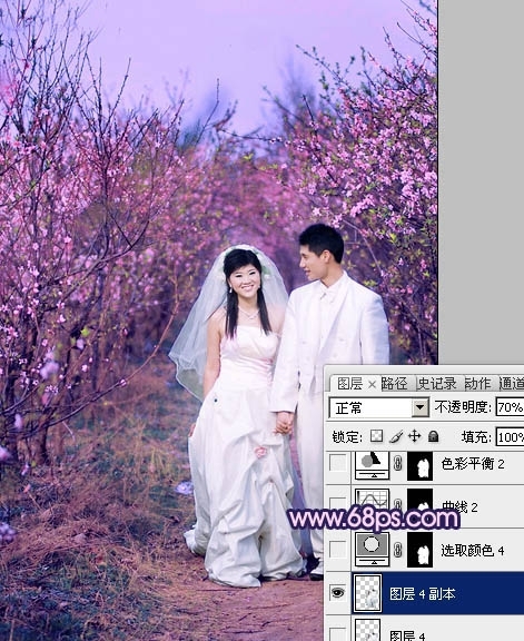 Photoshop调出桃林婚片艳丽的紫红色