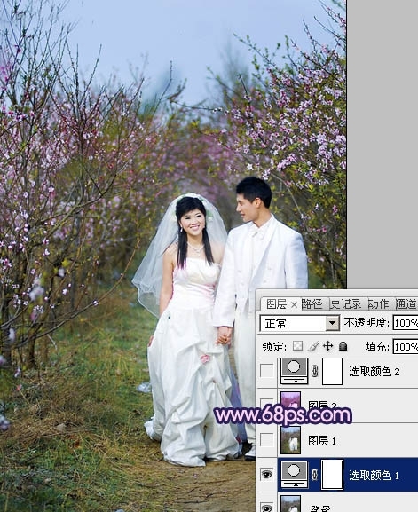 Photoshop调出桃林婚片艳丽的紫红色