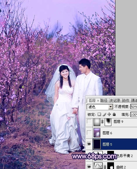 Photoshop调出桃林婚片艳丽的紫红色