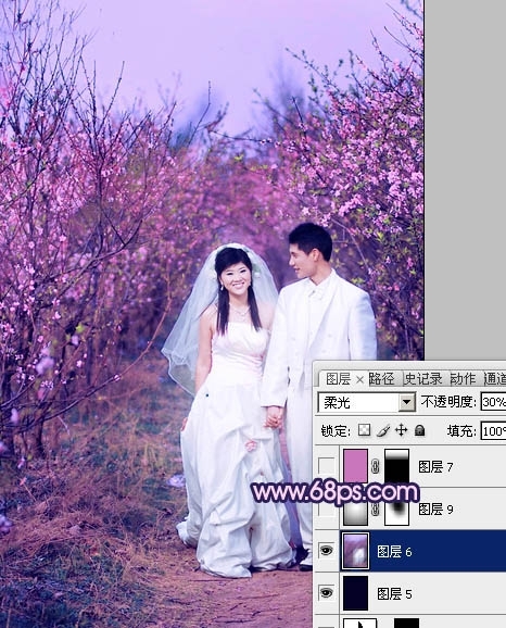 Photoshop调出桃林婚片艳丽的紫红色
