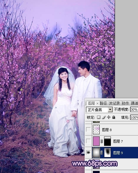 Photoshop调出桃林婚片艳丽的紫红色