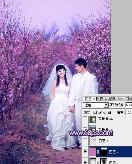 Photoshop调出桃林婚片艳丽的紫红色