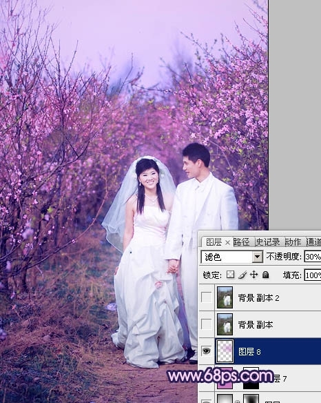 Photoshop调出桃林婚片艳丽的紫红色