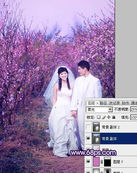 Photoshop调出桃林婚片艳丽的紫红色